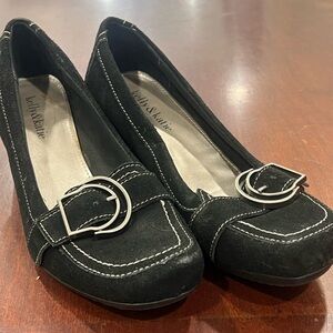 Kelly & Katie Black Flats with Silver Buckle
